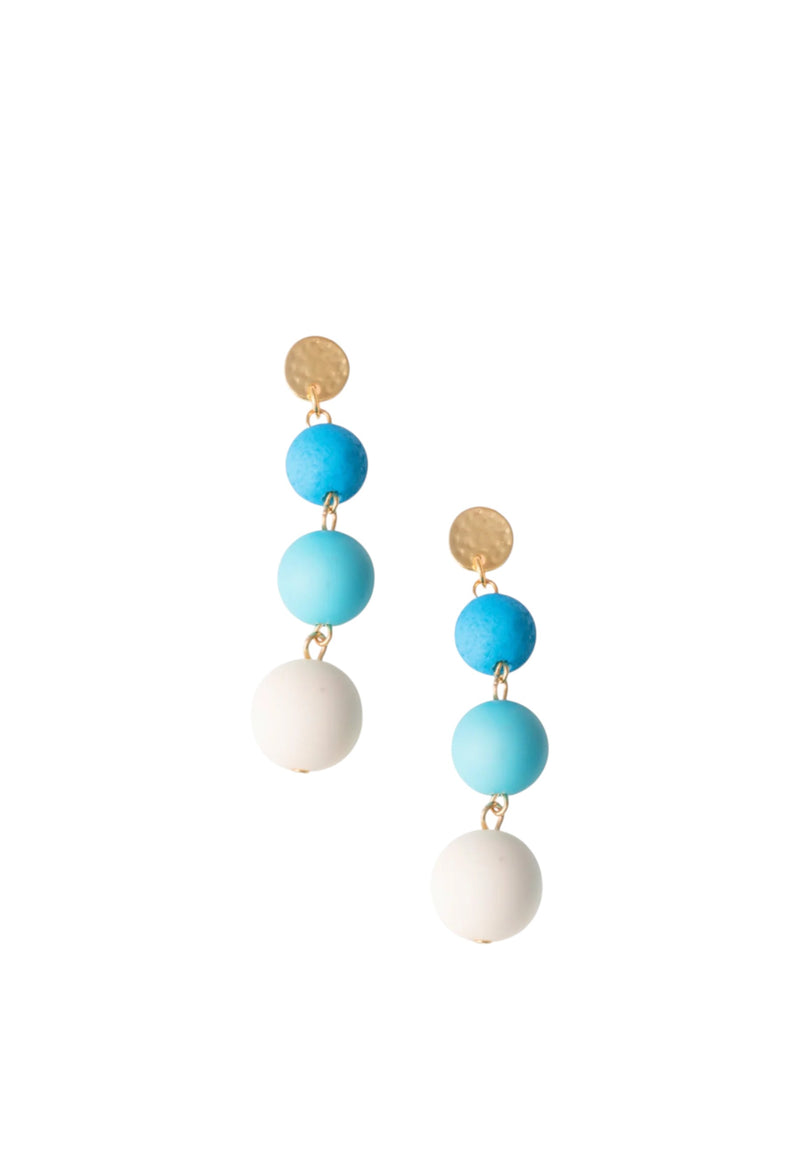 Orecchini pendenti a tre sfere in acrilico tono azzurro opaco Blu/bianco/oro