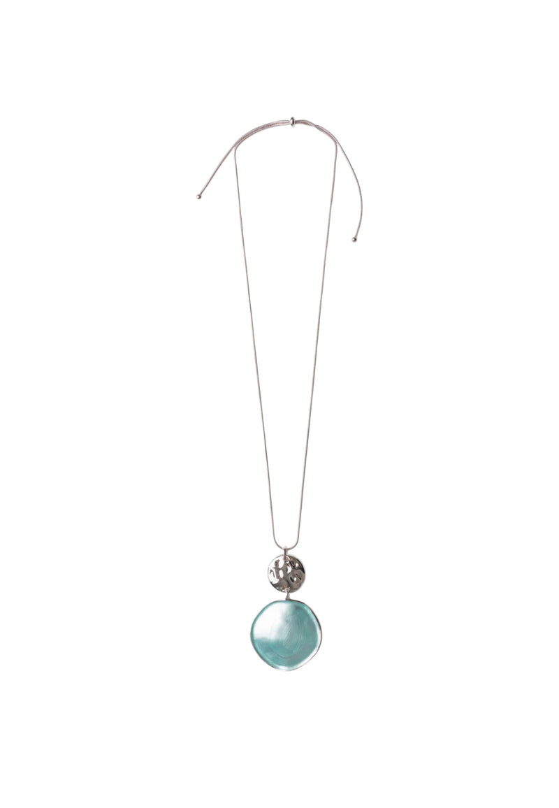 Collana lunga a catena snake con pendente circolare smaltato celeste Silver/celeste