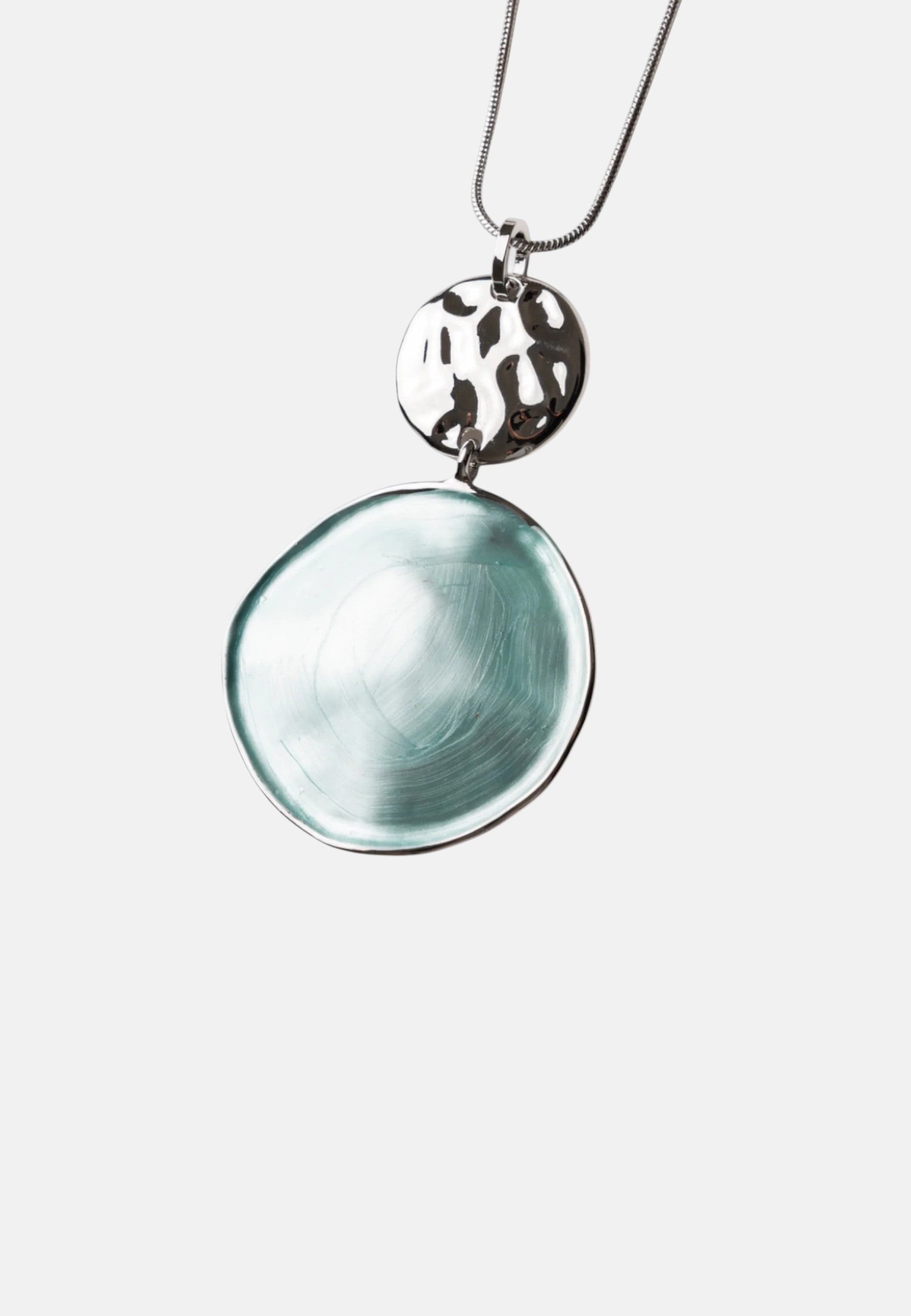 Collana lunga a catena snake con pendente circolare smaltato celeste Silver/celeste