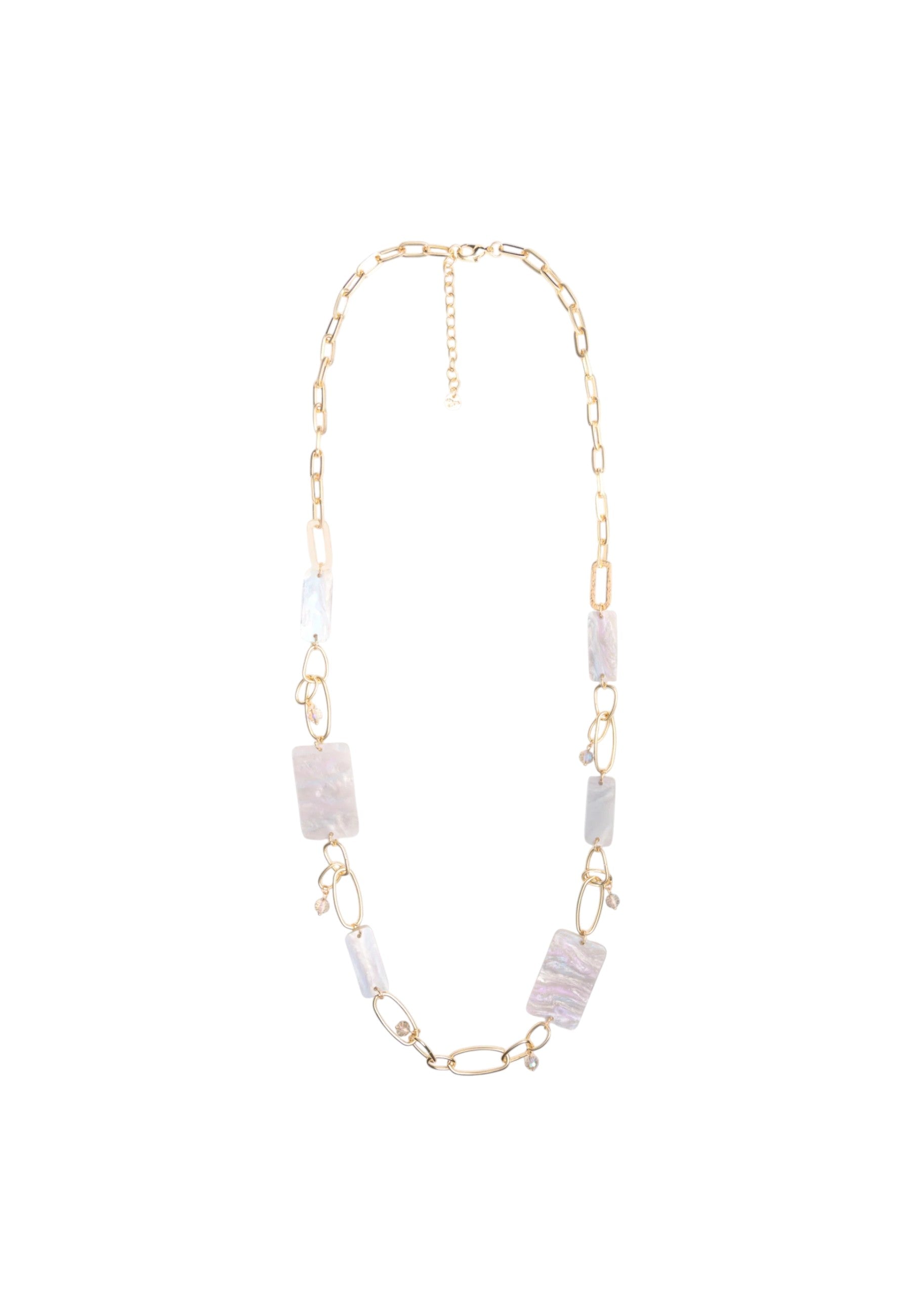 Collana lunga a catena con pietre rettangolari in acrilico lilla. Oro/lilla