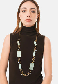 Collana lunga a catena con pietre rettangolari in acrilico verde Oro/celeste