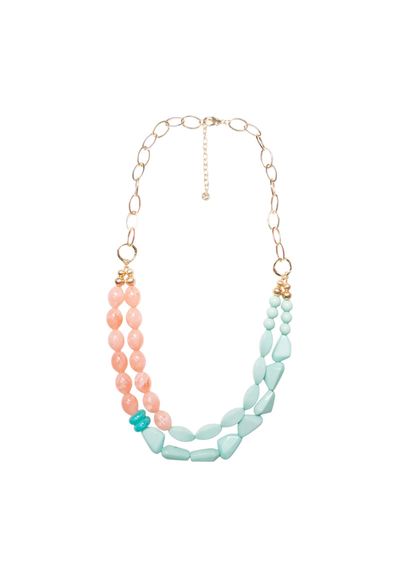 Collana lunga a due fili con pietre in acrilico verde acqua e rosa Celeste/rosa