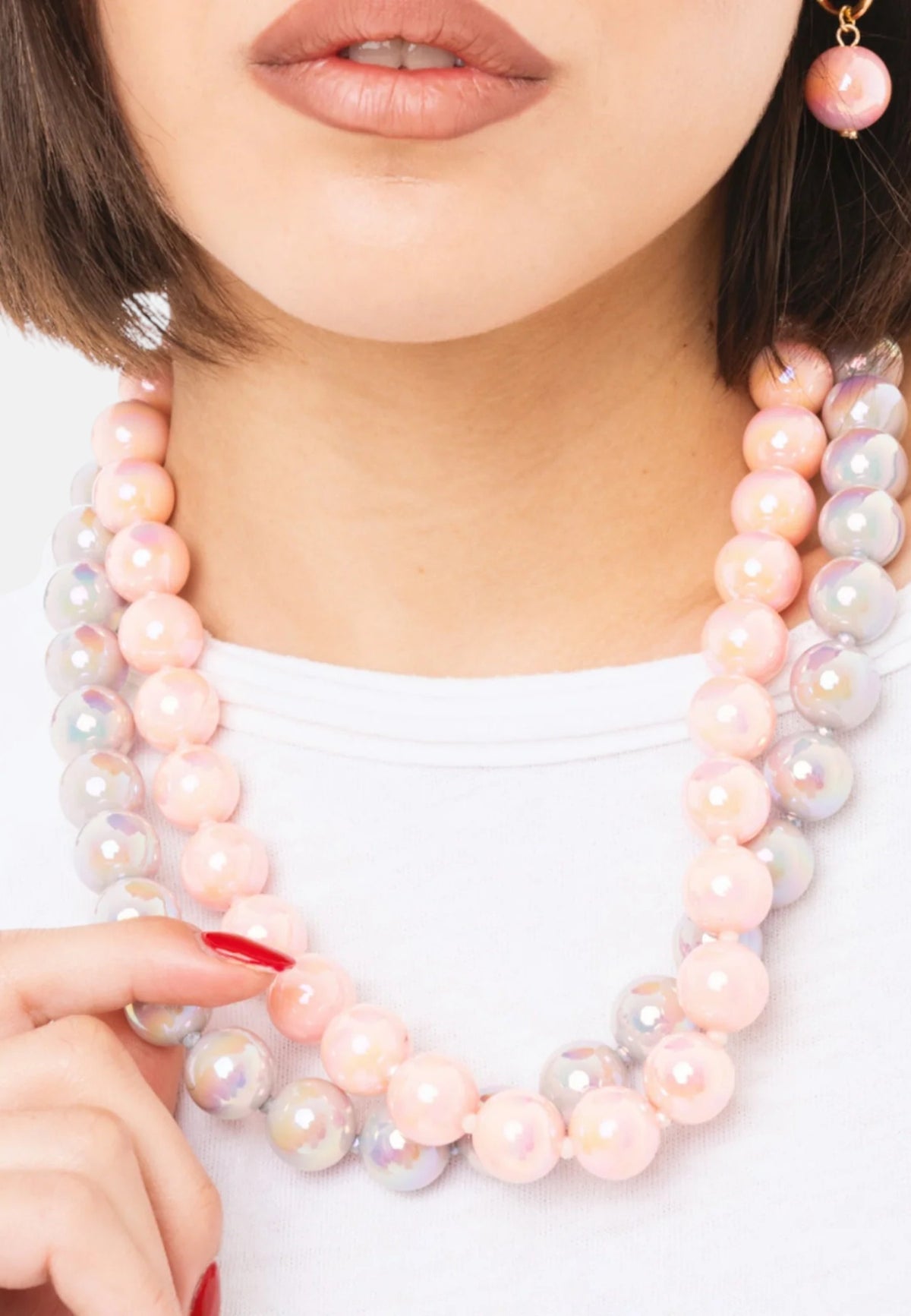 Collana girocollo con due fili di sfere in acrilico lucide rosa e grigio Rosa/grigio