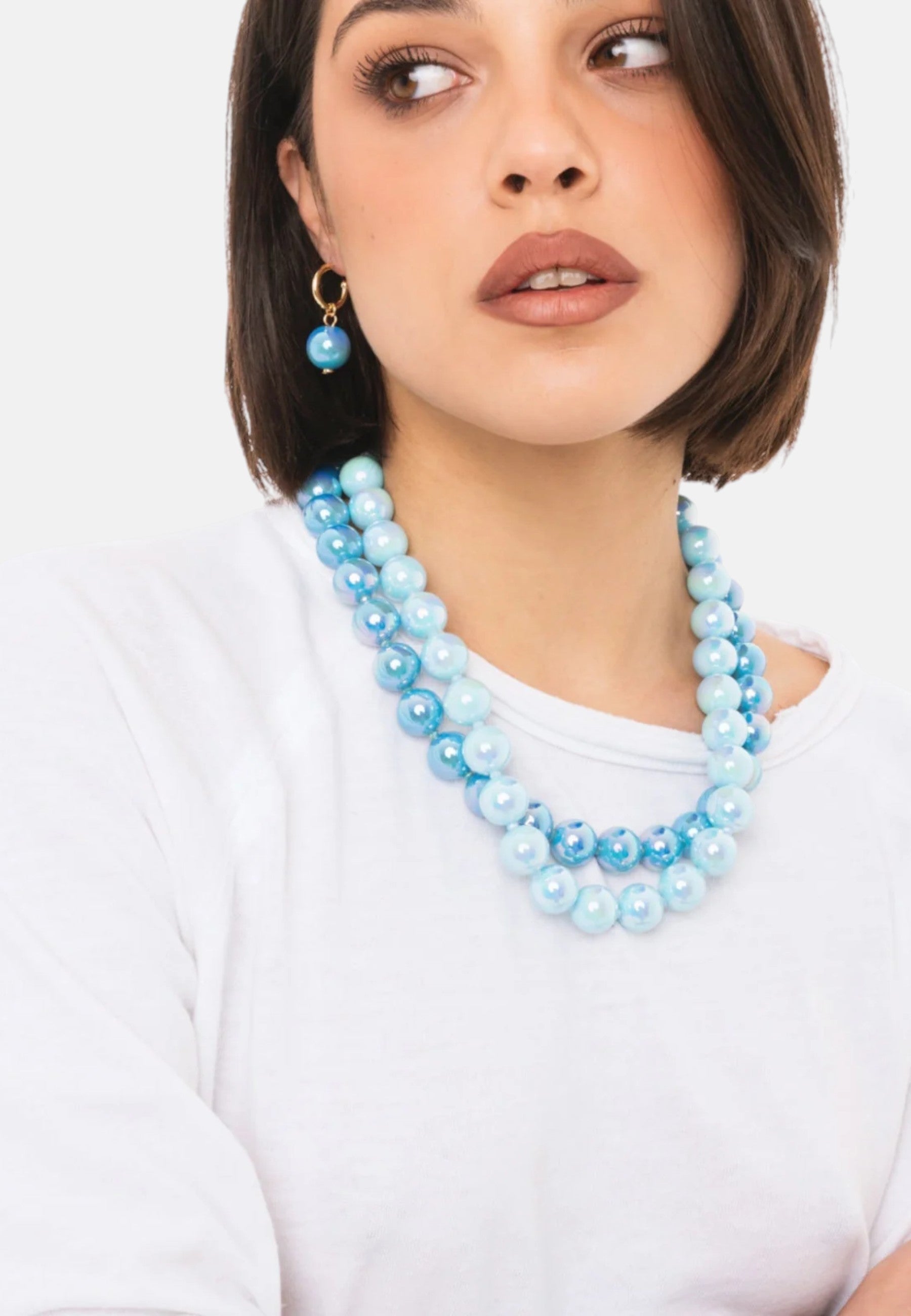 Collana girocollo con due fili di sfere in acrilico lucide tono blu Blu