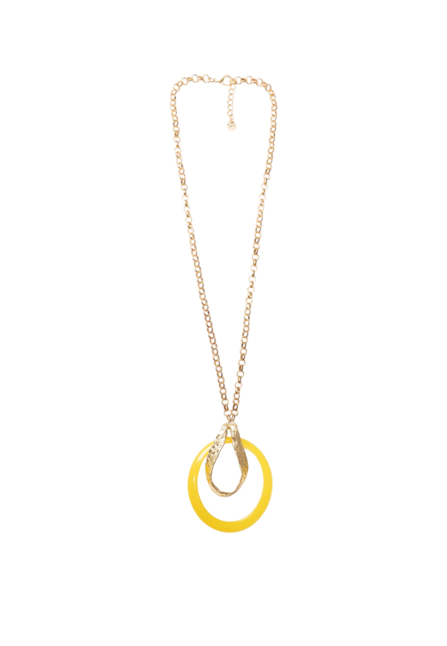 Collana lunga a catena antichizzata con pendente circolare giallo. Oro/giallo