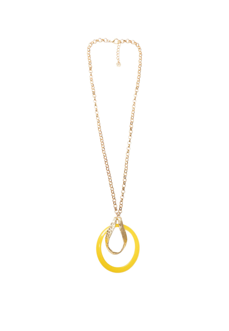 Collana lunga a catena antichizzata con pendente circolare giallo. Oro/giallo