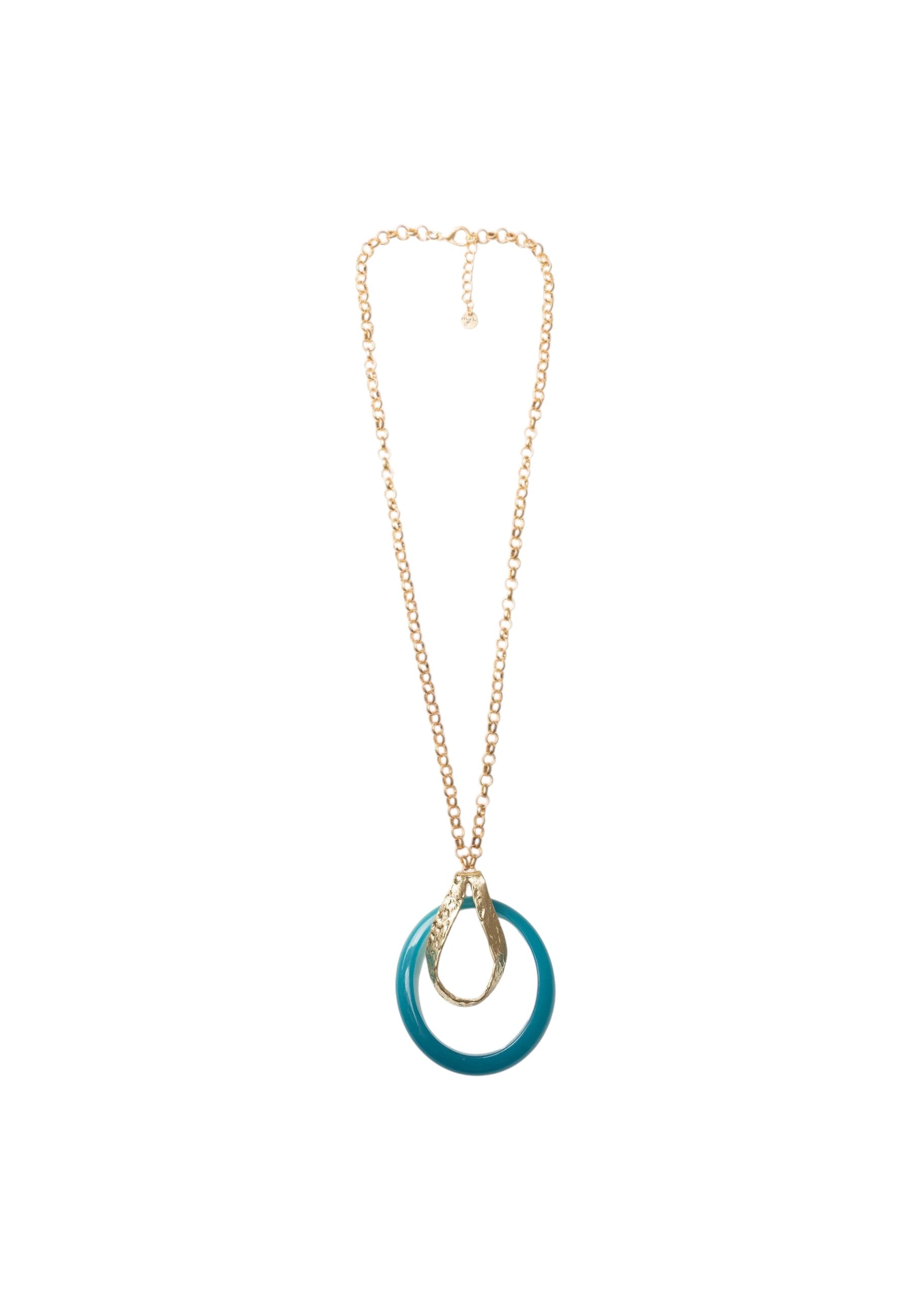 Collana lunga a catena antichizzata con pendente circolare  blu. Oro/blu