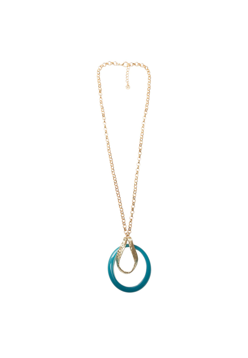Collana lunga a catena antichizzata con pendente circolare  blu. Oro/blu