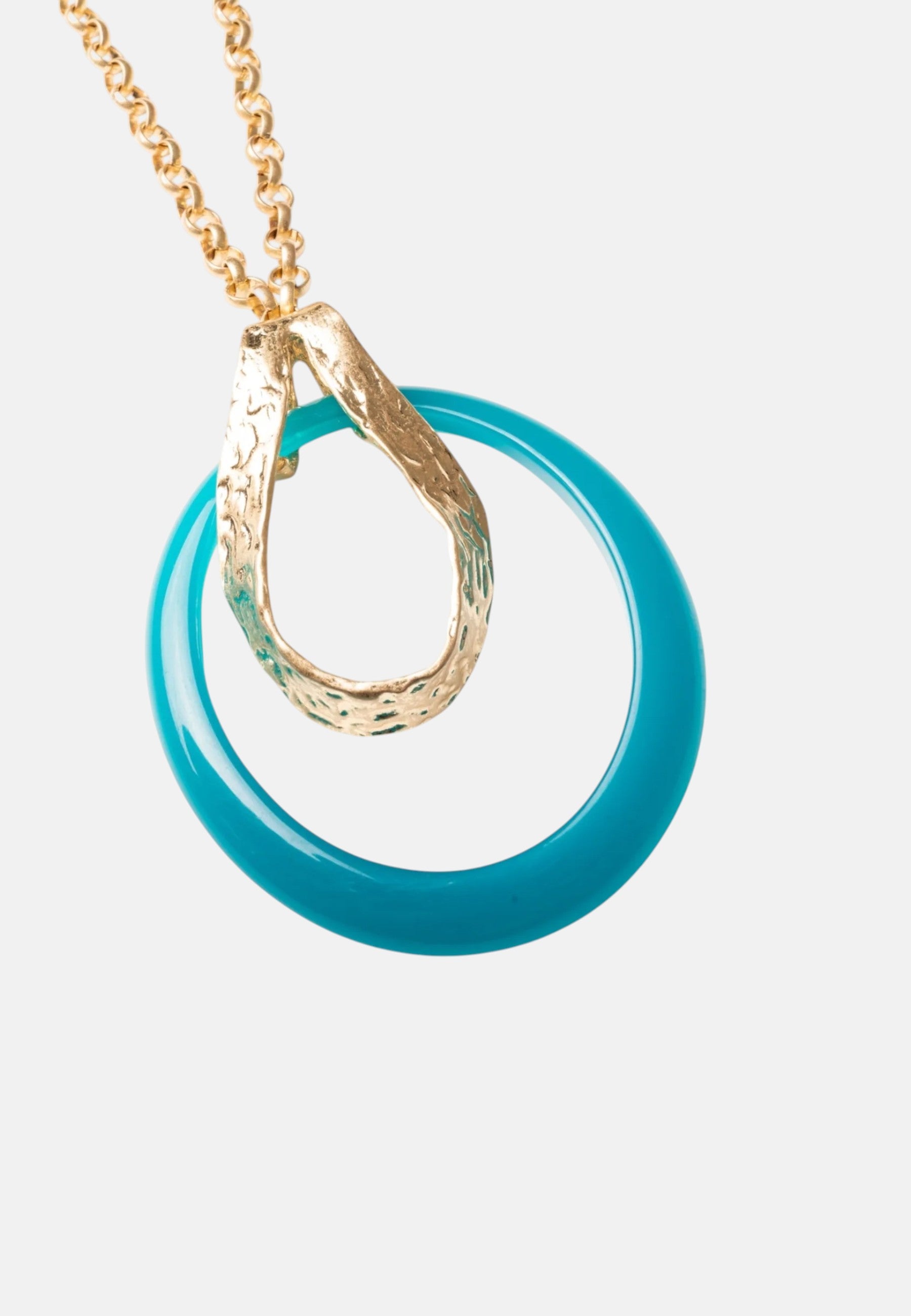 Collana lunga a catena antichizzata con pendente circolare  blu. Oro/blu