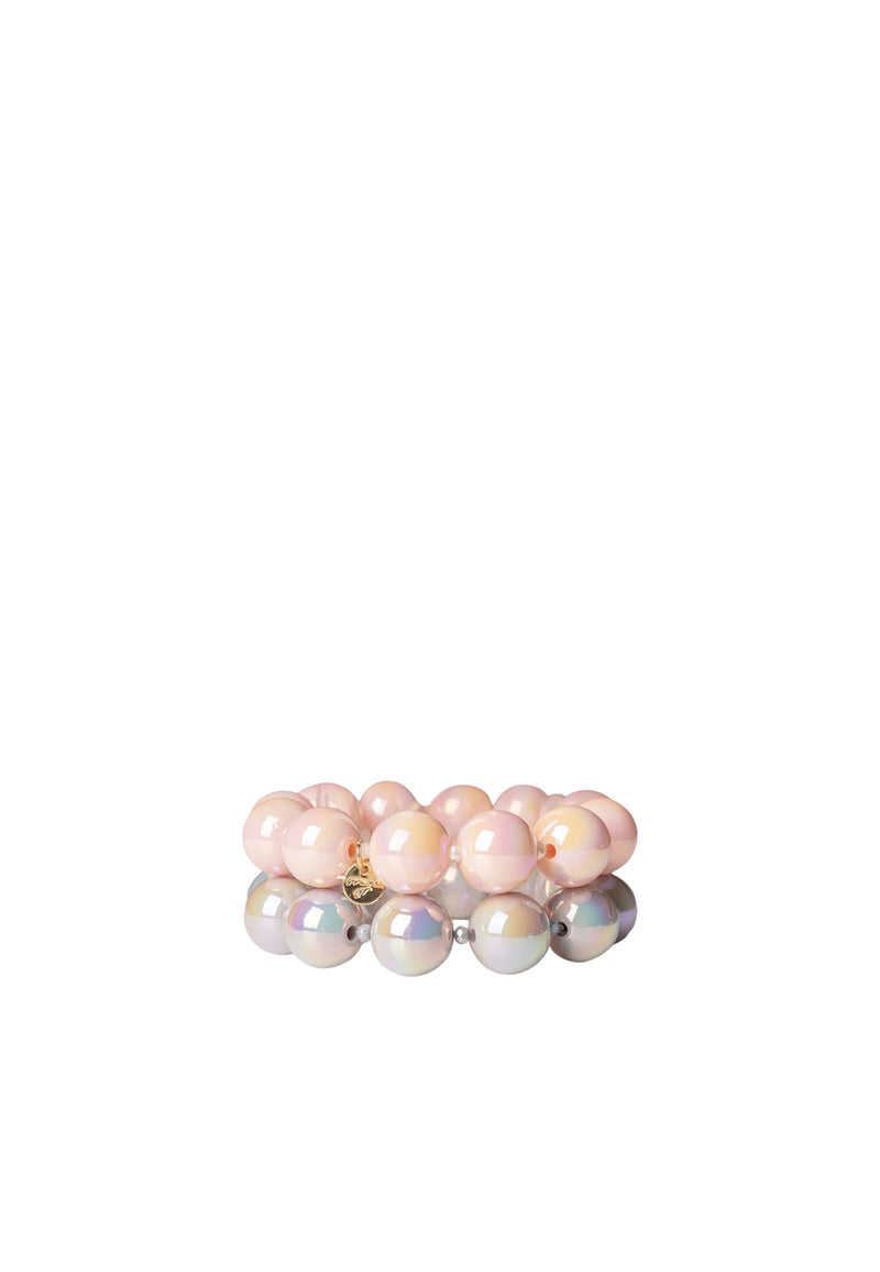 Bracciale elastico a due fili con sfere lucide in acrilico rosa e grigio Rosa/grigio