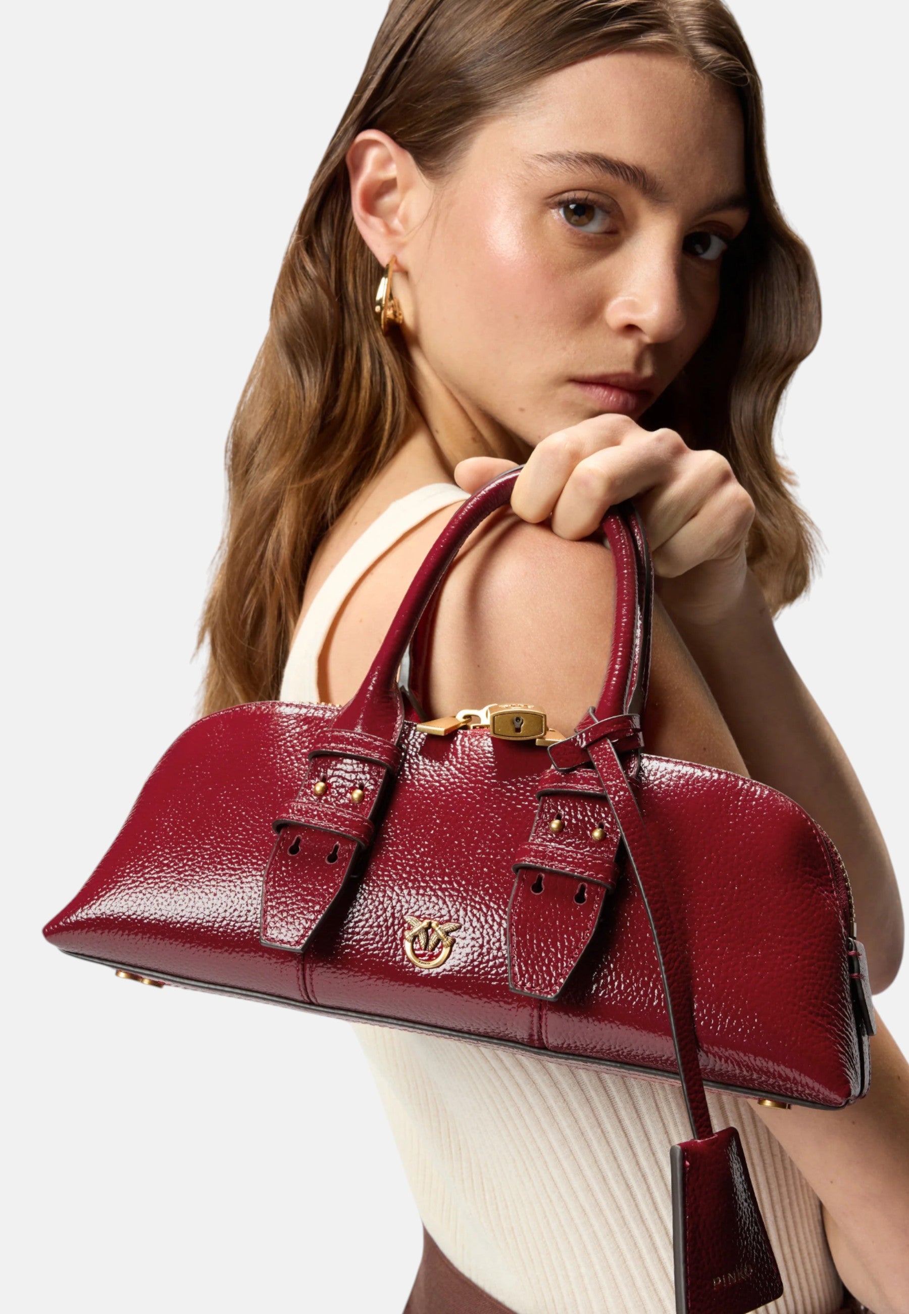 Pinko Borsa Piccola a Mano Escape Bag Horizontal in Pelle Bottalata Rosso Scuro