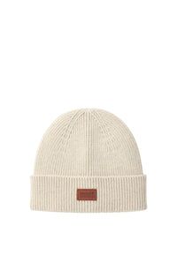 Cappello in misto lana con lavorazione in maglia a coste e patch logo. Oatmeal