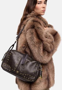 Borsa a spalla piccola in pelle con borchie PINKO Dark Brown/oro