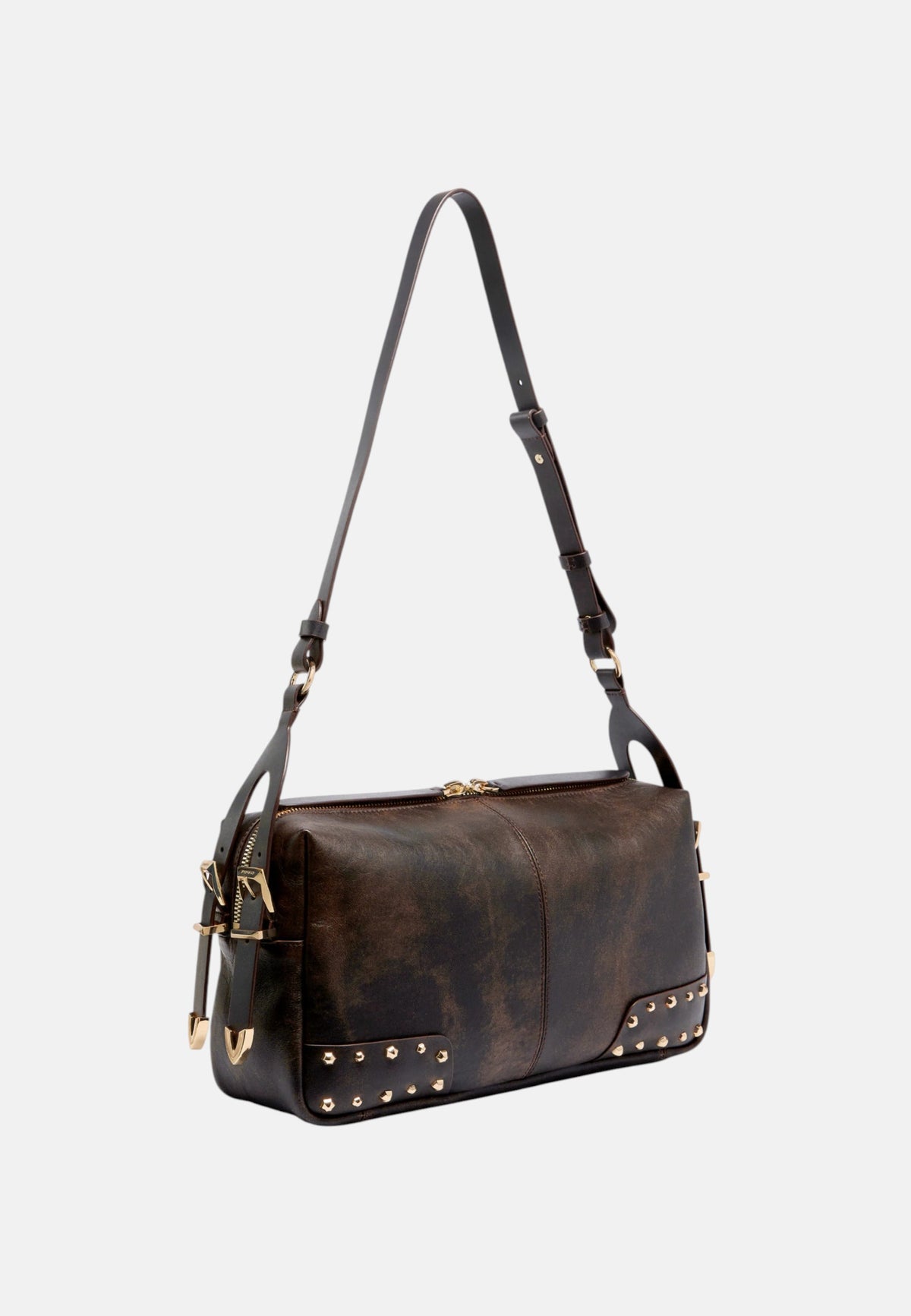 Borsa a spalla piccola in pelle con borchie PINKO Dark Brown/oro
