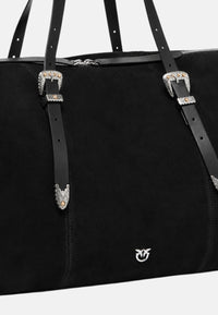 Borsa tote in pelle scamosciata con dettagli texani. Nero/nickel