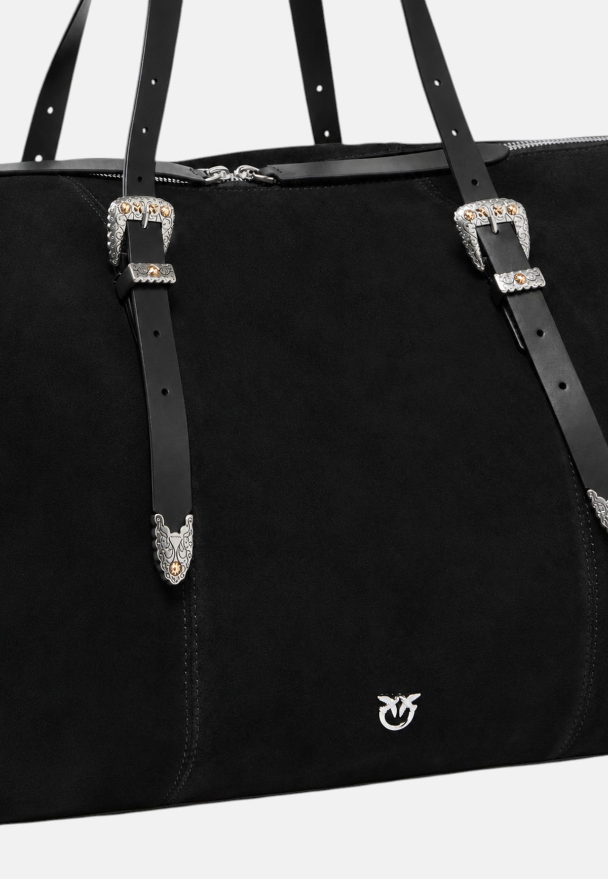Borsa tote in pelle scamosciata con dettagli texani. Nero/nickel