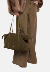 Borsa tote in pelle scamosciata con dettagli texani. Verde/nickel