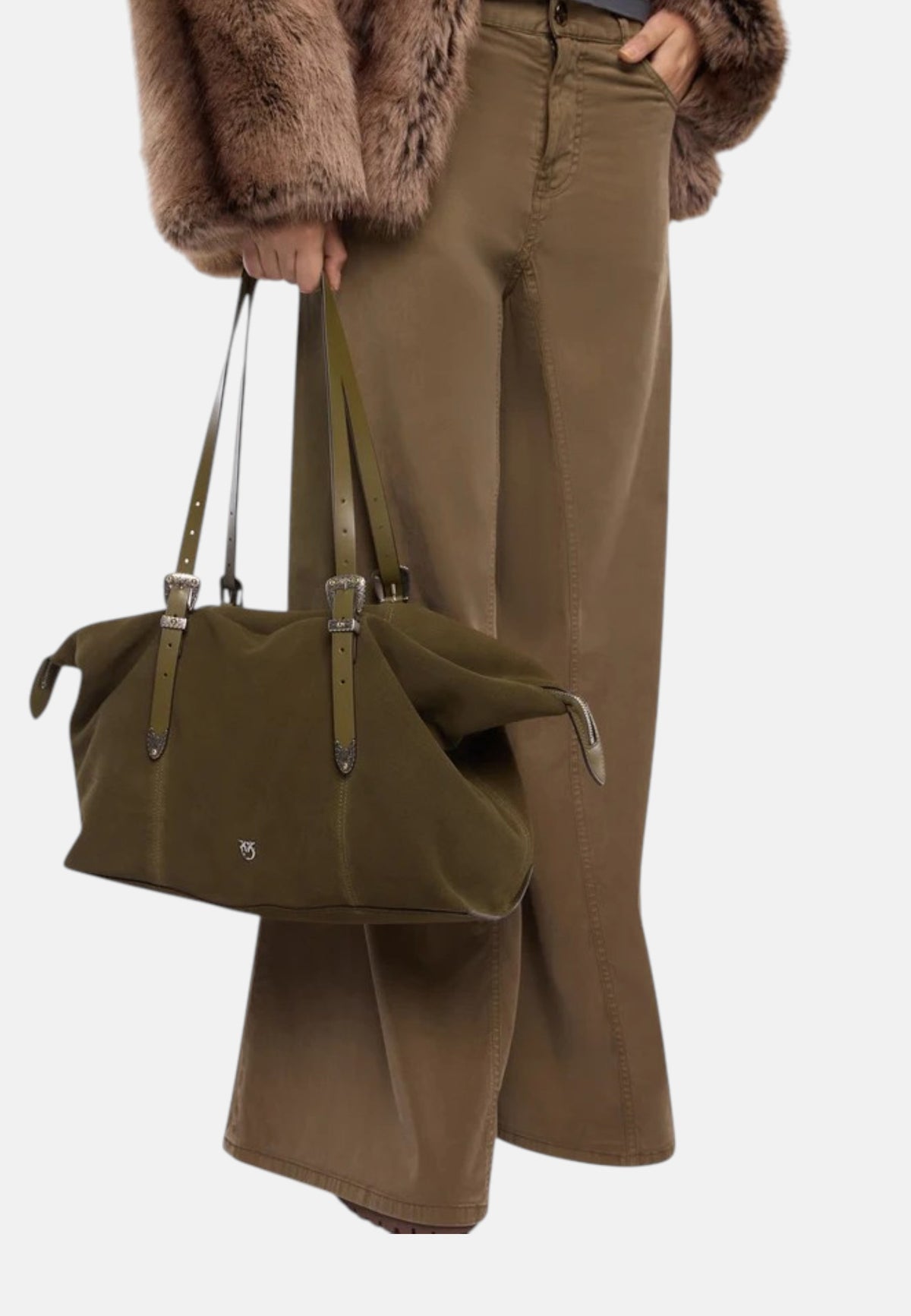 Borsa tote in pelle scamosciata con dettagli texani. Verde/nickel