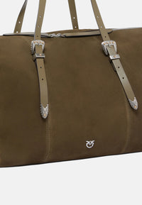 Borsa tote in pelle scamosciata con dettagli texani. Verde/nickel