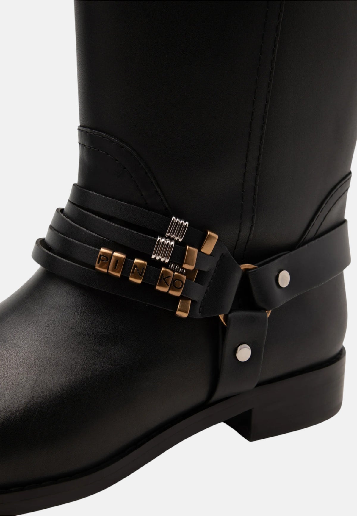 PINKO Stivali alti neri da donna con cinturino e fibbia decorativa. Black