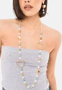 Collana lunga metallo pietre cuore acrilico multi verde Bianco/verde