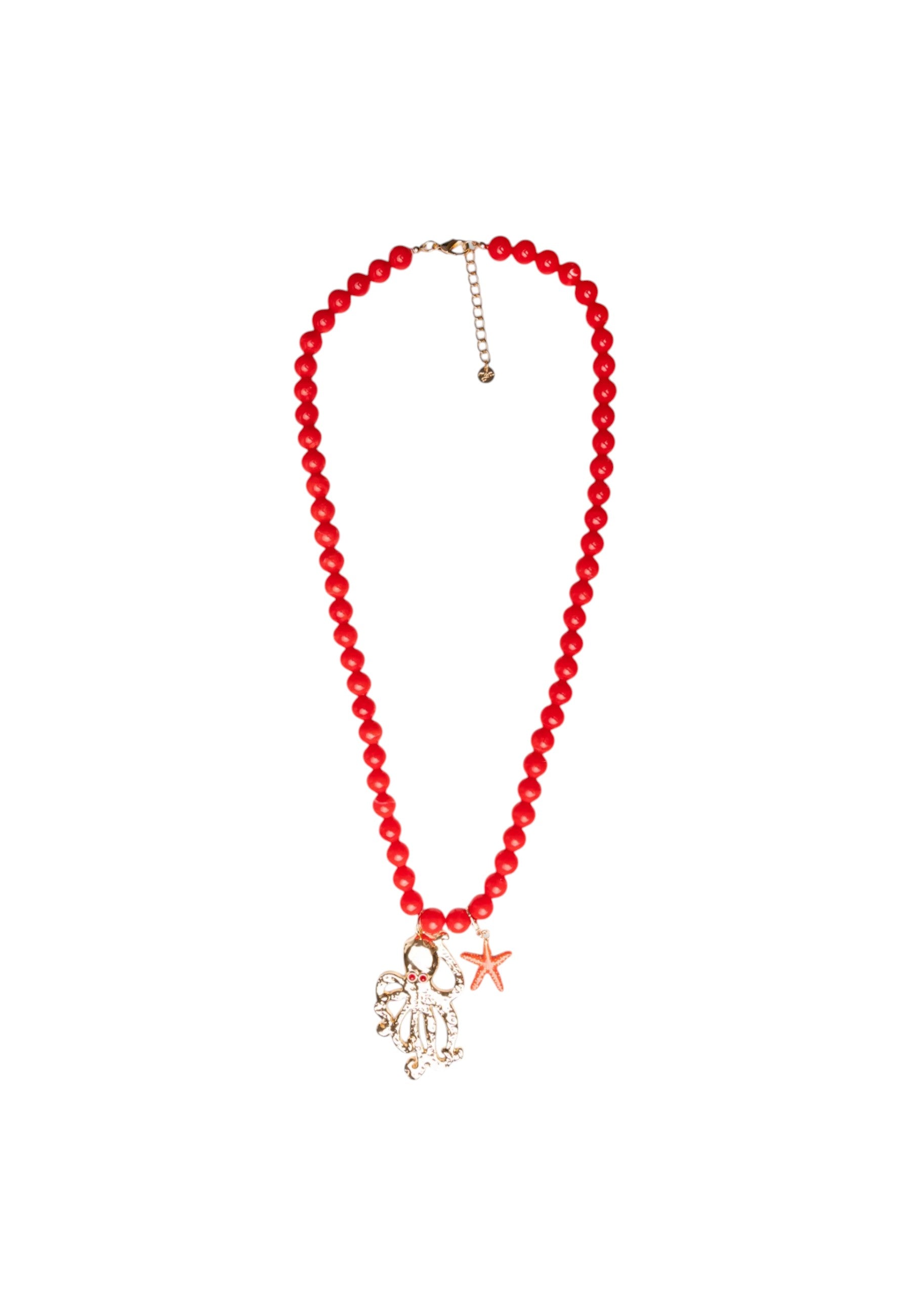 Collana lunga con sfere rosse in acrilico e pendente polipetto in metallo Rosso