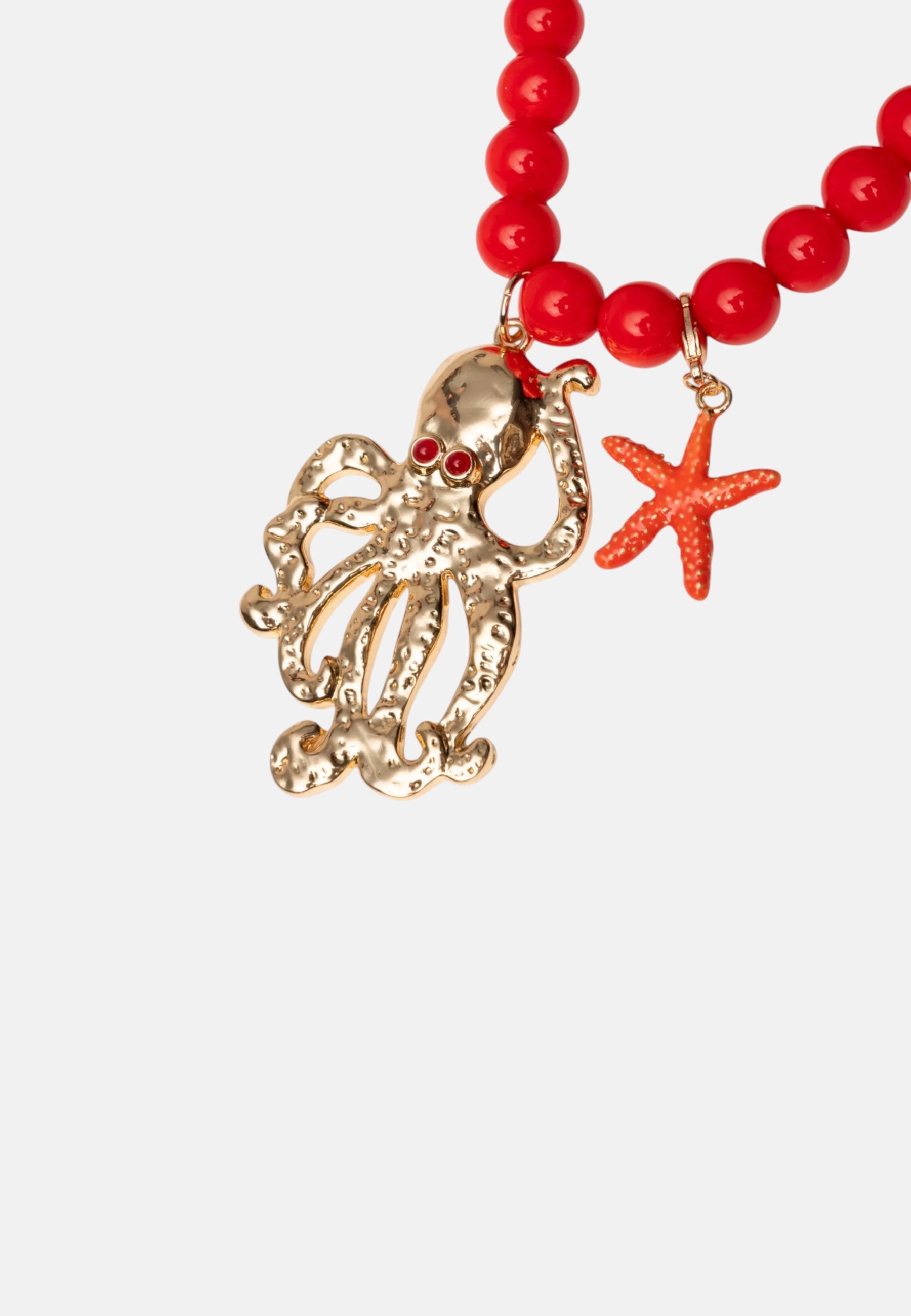 Collana lunga con sfere rosse in acrilico e pendente polipetto in metallo Rosso