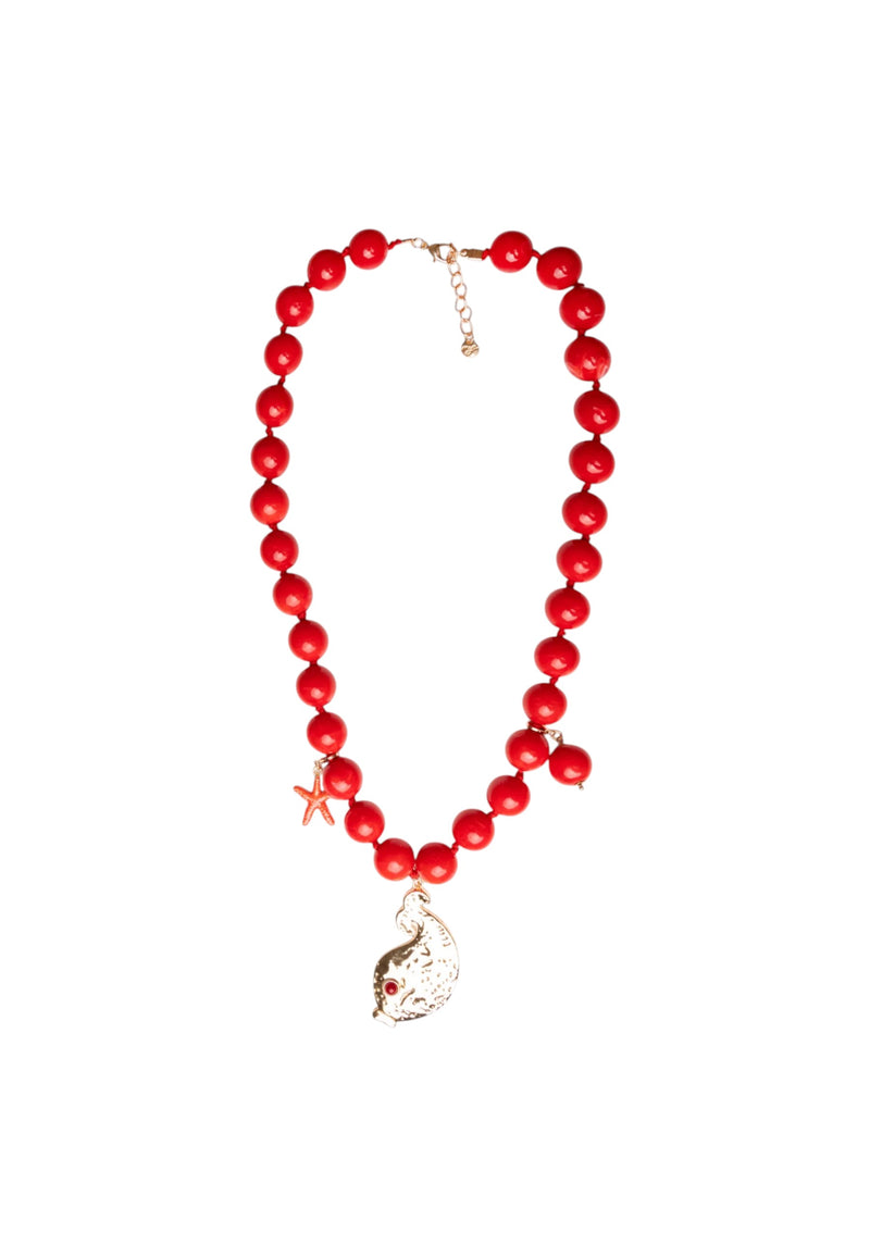 Collana lunga con sfere rosse in acrilico e pendente pesciolino in metallo Rosso