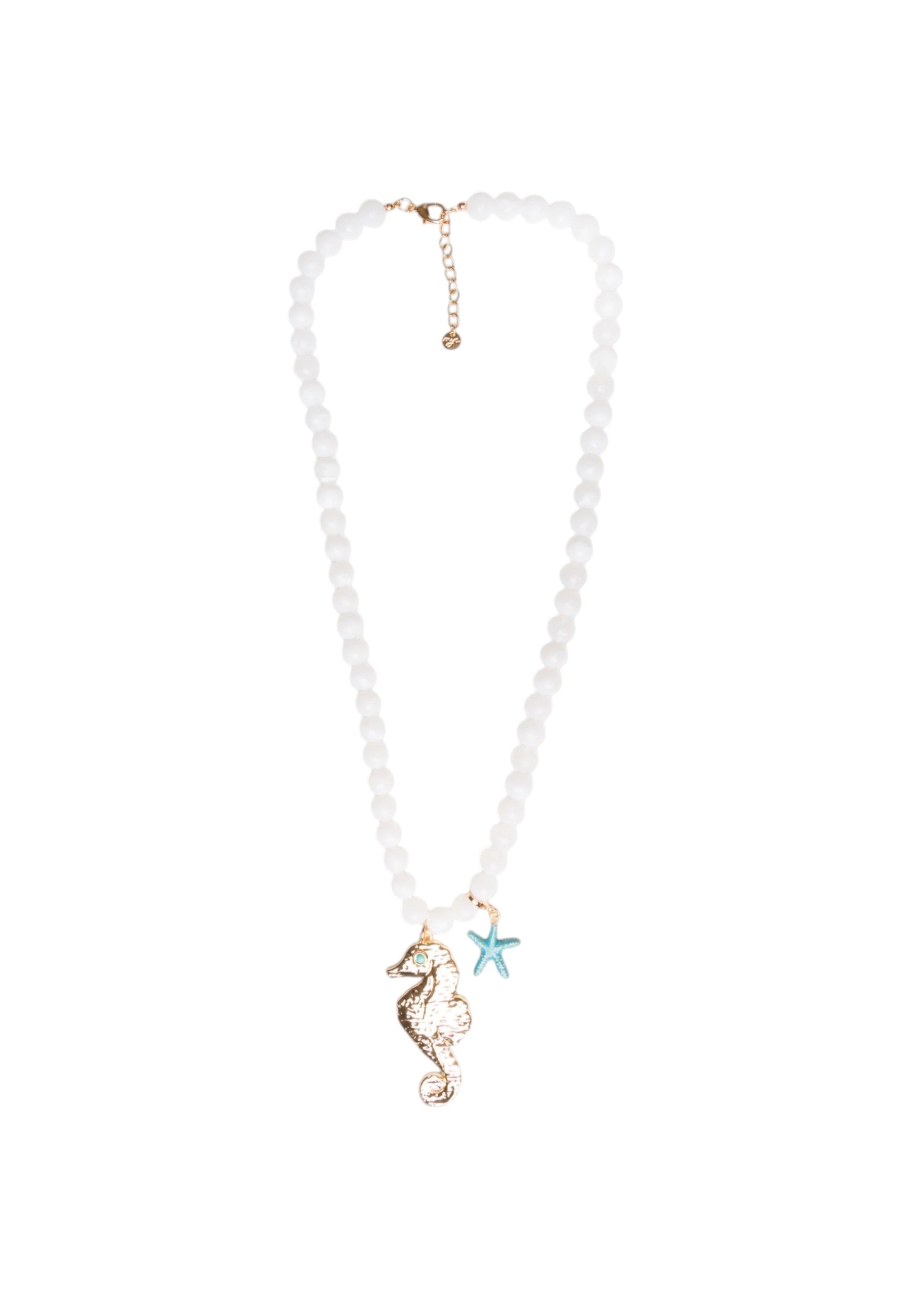 Collana lunga con sfere bianche in acrilico e pendente cavalluccio marino in metallo Bianco/oro