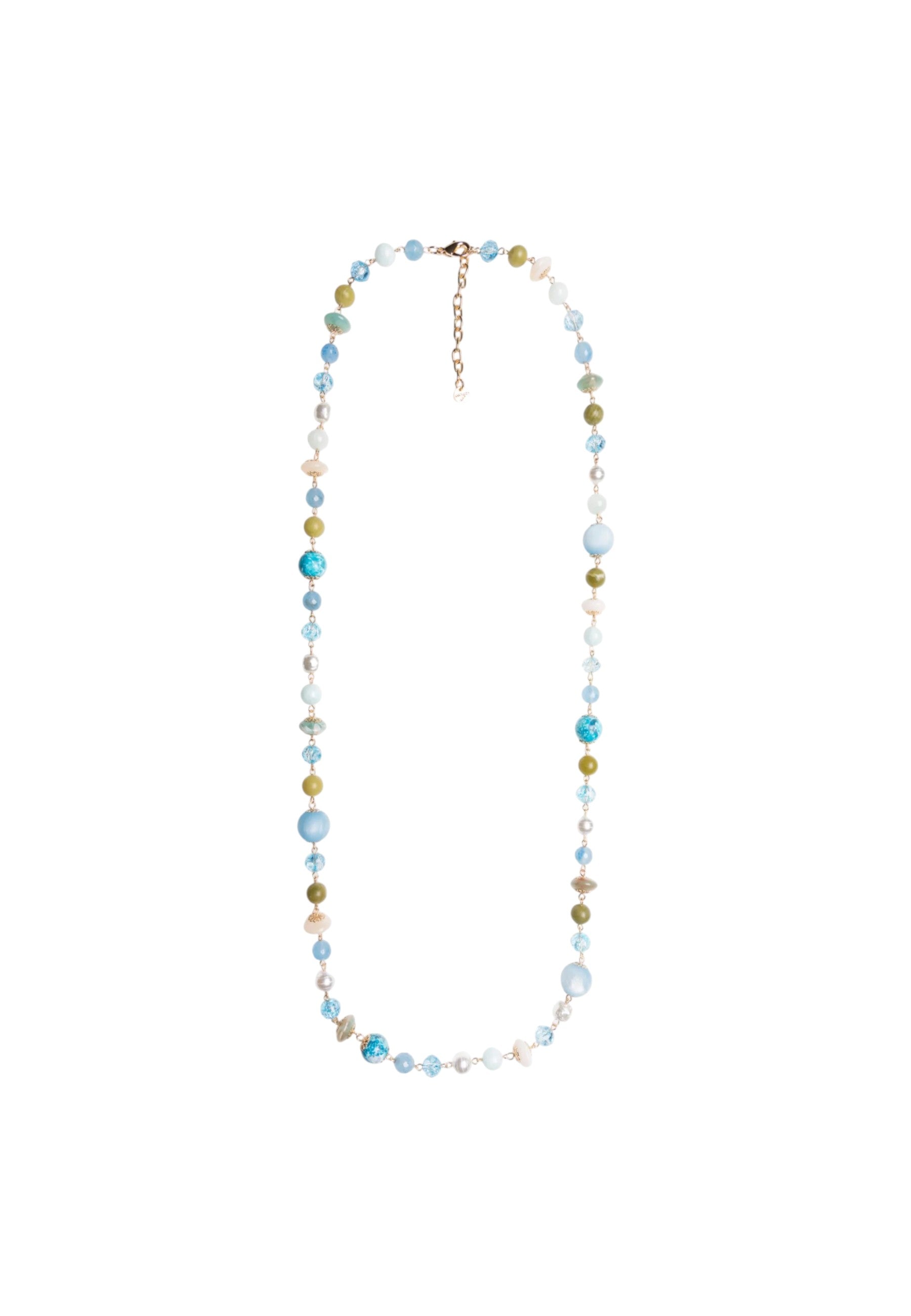 Collana lunga con pietre dure e vetro tono azzurro Blu