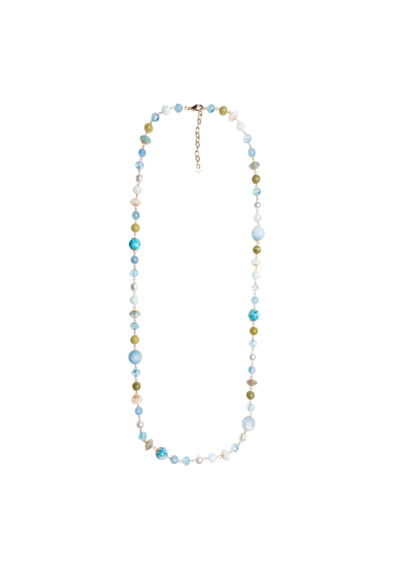 Collana lunga con pietre dure e vetro tono azzurro Blu