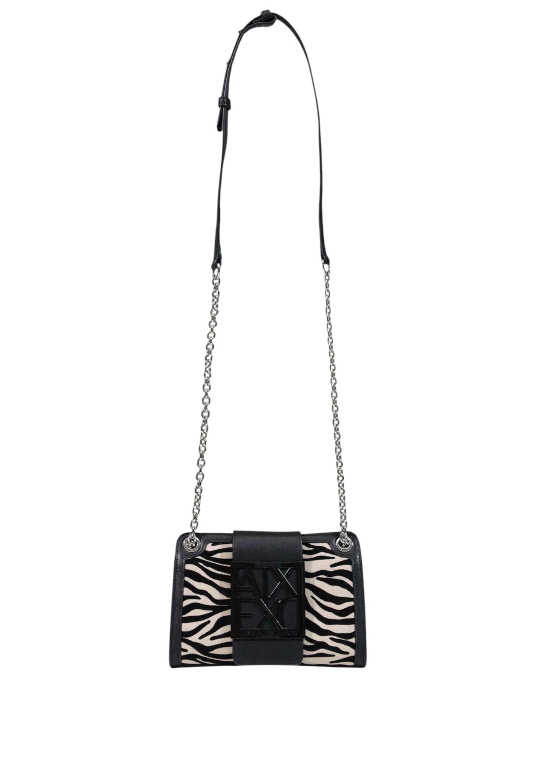 Mini borsa a tracolla/a spalla da donna con patta, forma trapezoidale e stampa zebrata. Black/script