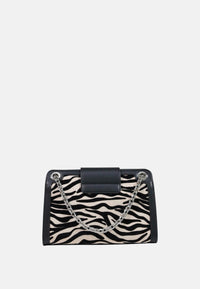Mini borsa a tracolla/a spalla da donna con patta, forma trapezoidale e stampa zebrata. Black/script