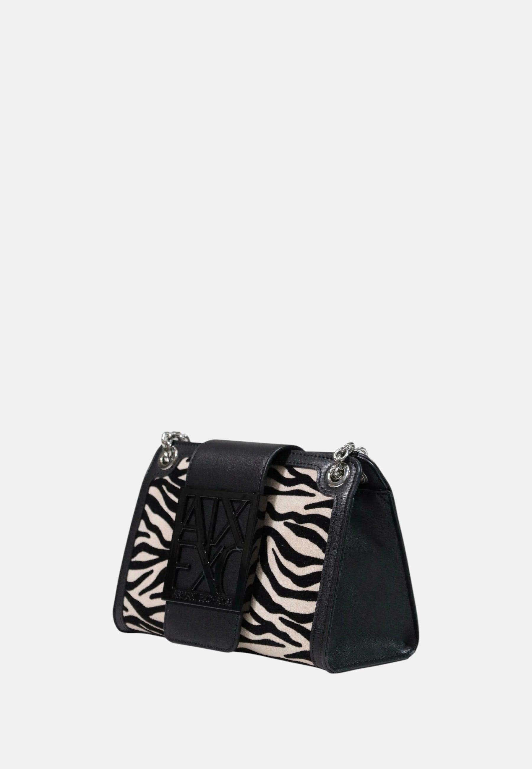 Mini borsa a tracolla/a spalla da donna con patta, forma trapezoidale e stampa zebrata. Black/script