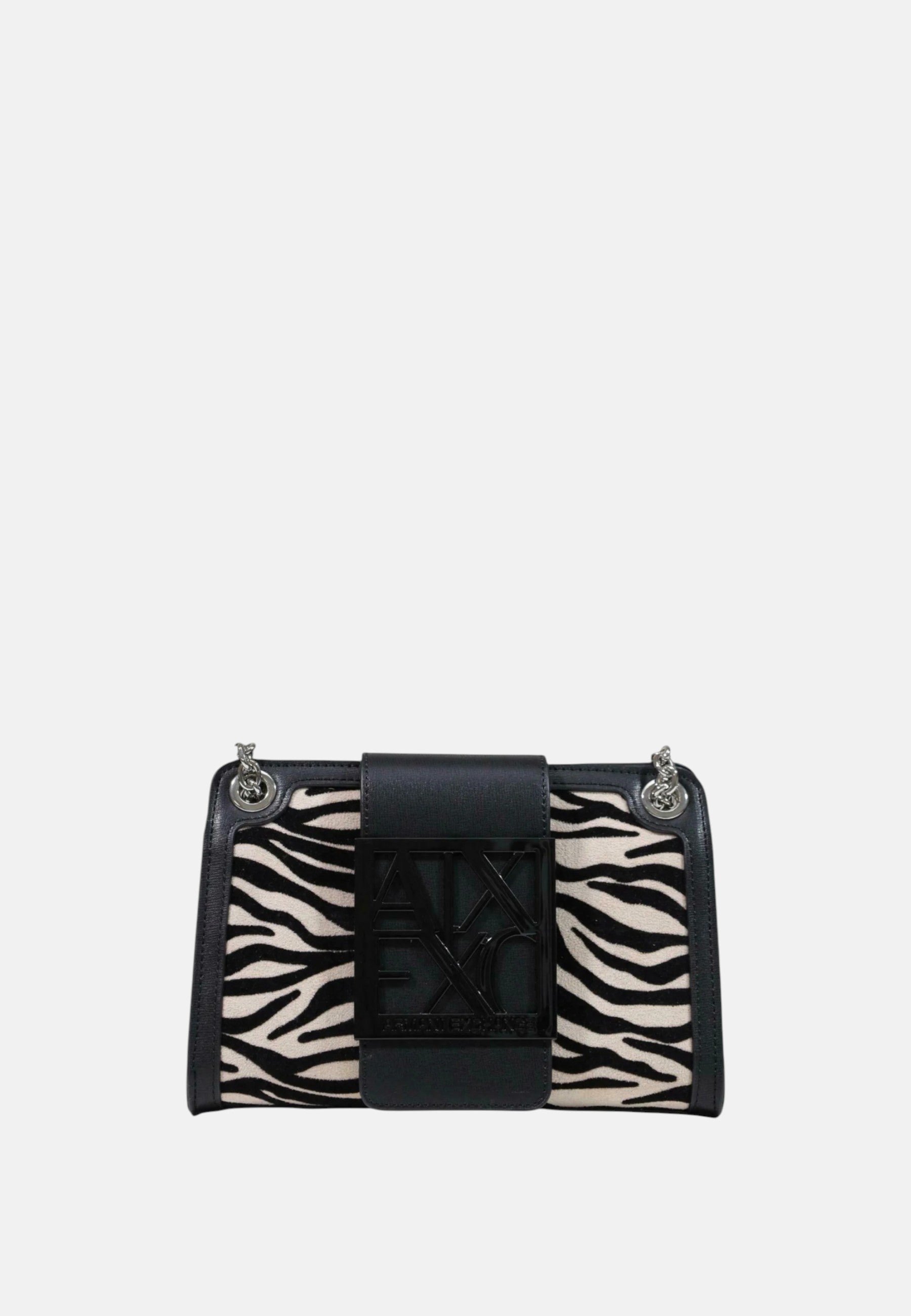 Mini borsa a tracolla/a spalla da donna con patta, forma trapezoidale e stampa zebrata. Black/script
