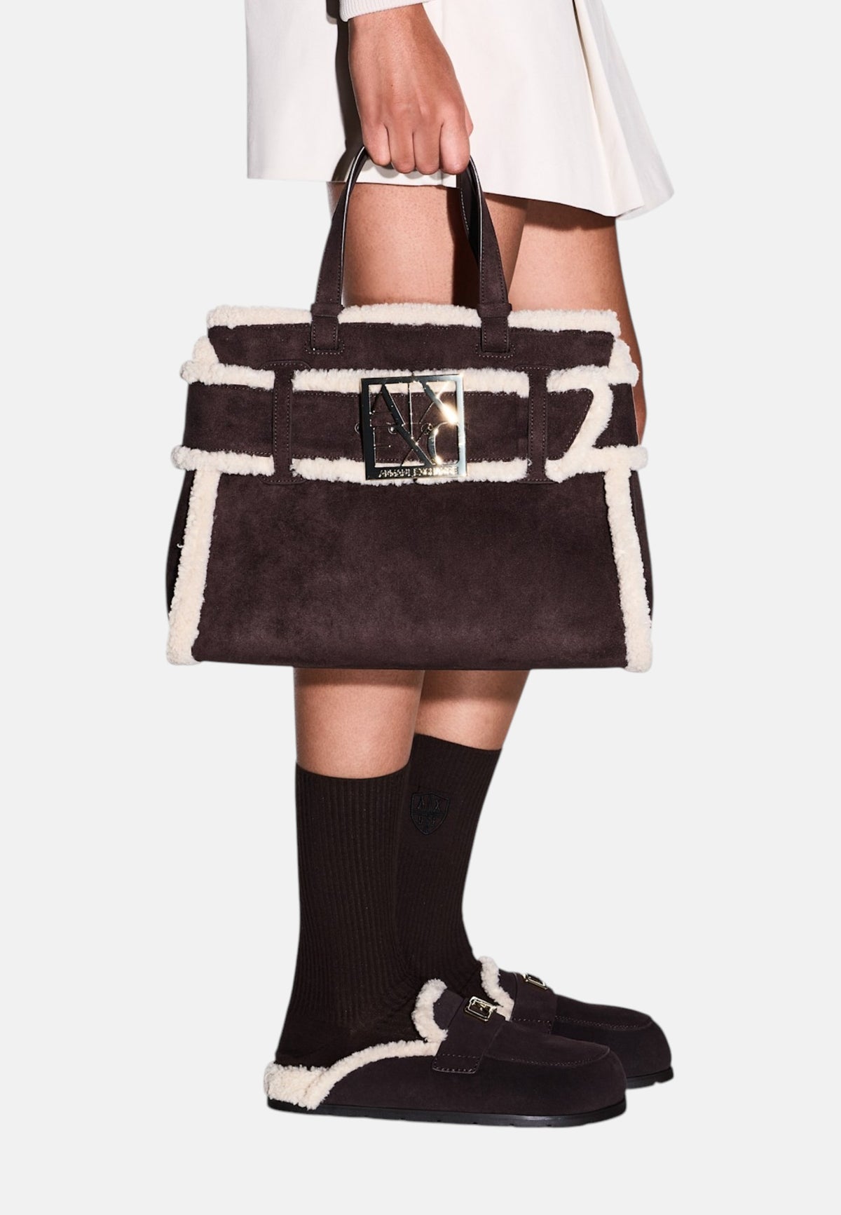 Borsa shopping scamosciata con profili effetto shearling Donna Armani Exchange Antagonist/script