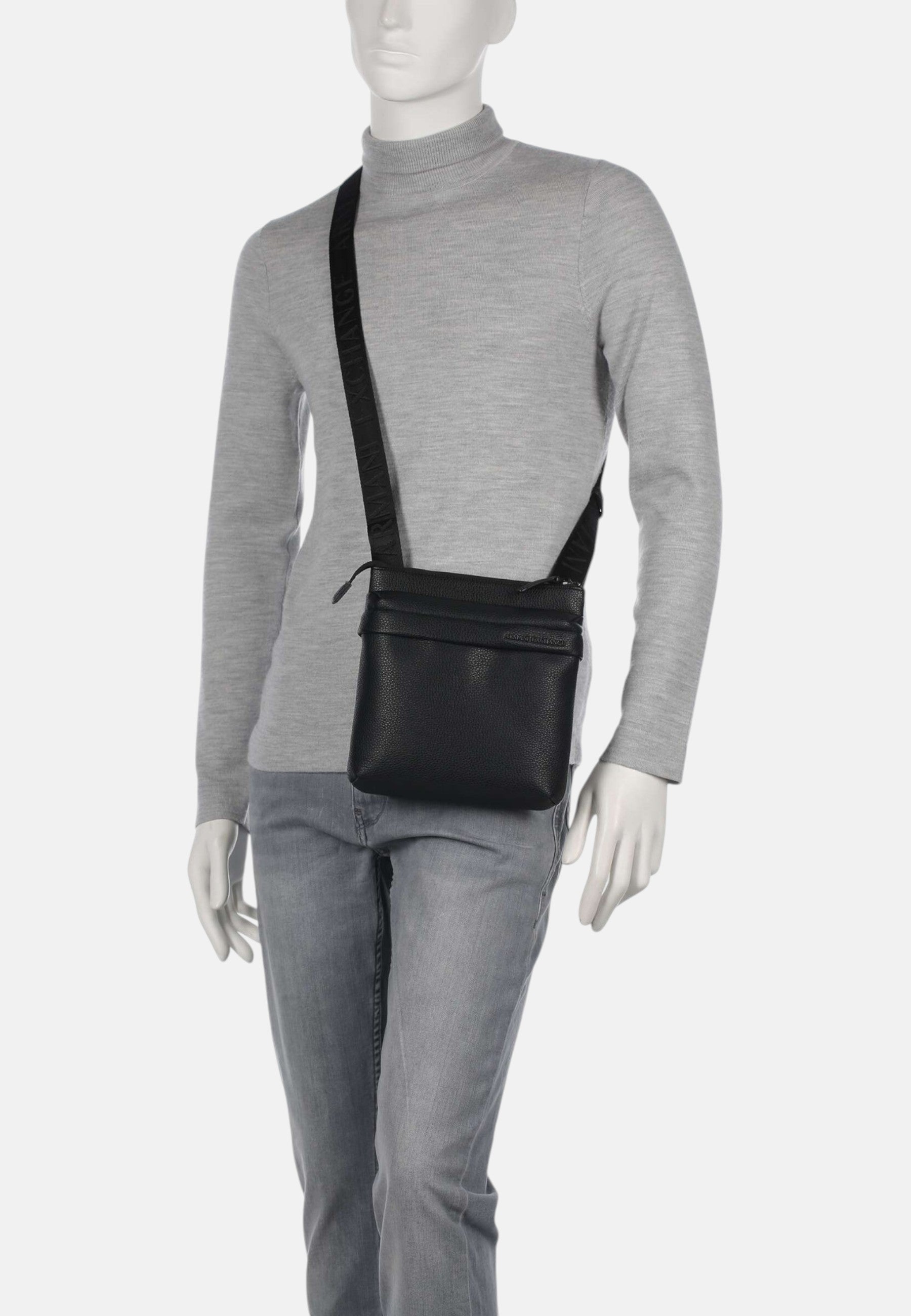 Borsello a tracolla piatta con banda a contrasto e zip Armani Exchange Black