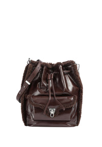 Borsa a secchiello Beat in pelle bovina granulata, pettirosso in pelliccia sintetica Berry
