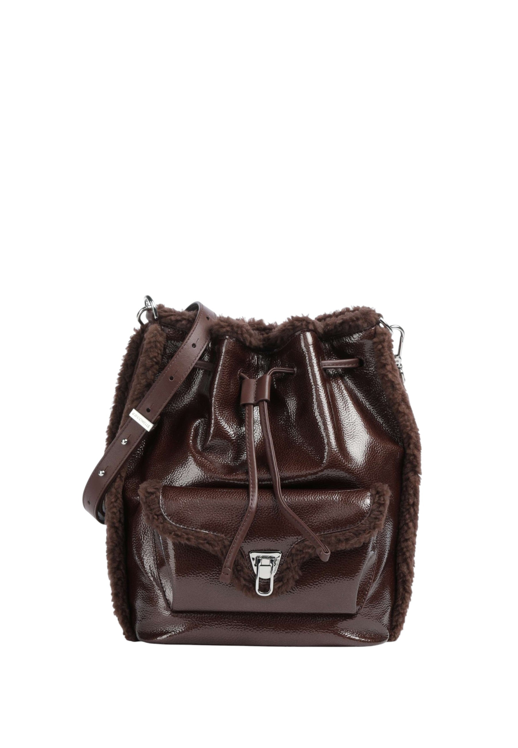 Borsa a secchiello Beat in pelle bovina granulata, pettirosso in pelliccia sintetica Berry