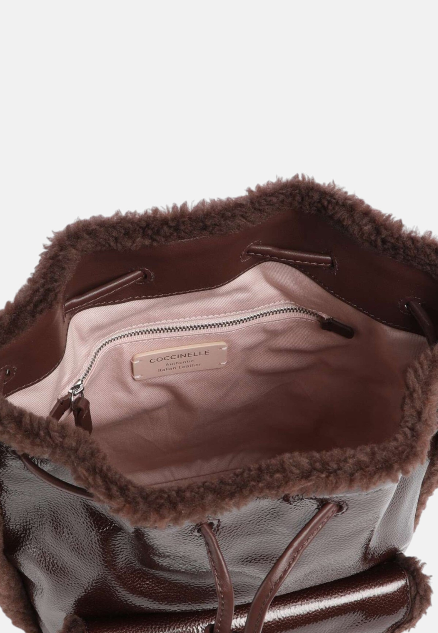Borsa a secchiello Beat in pelle bovina granulata, pettirosso in pelliccia sintetica Berry