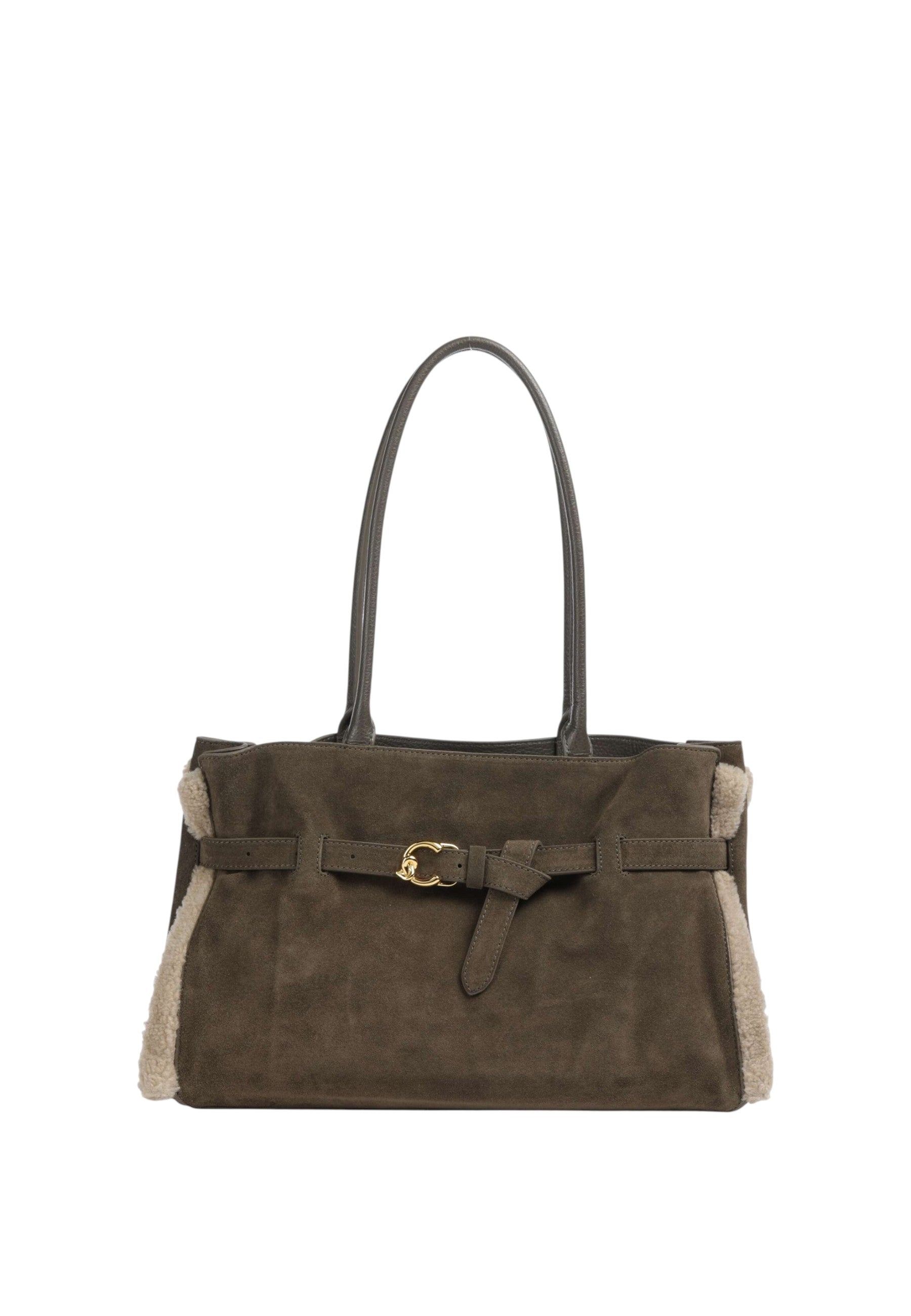Coccinelle Borsa da donna a spalla con patta e logo in rilievo. Fango/taupe