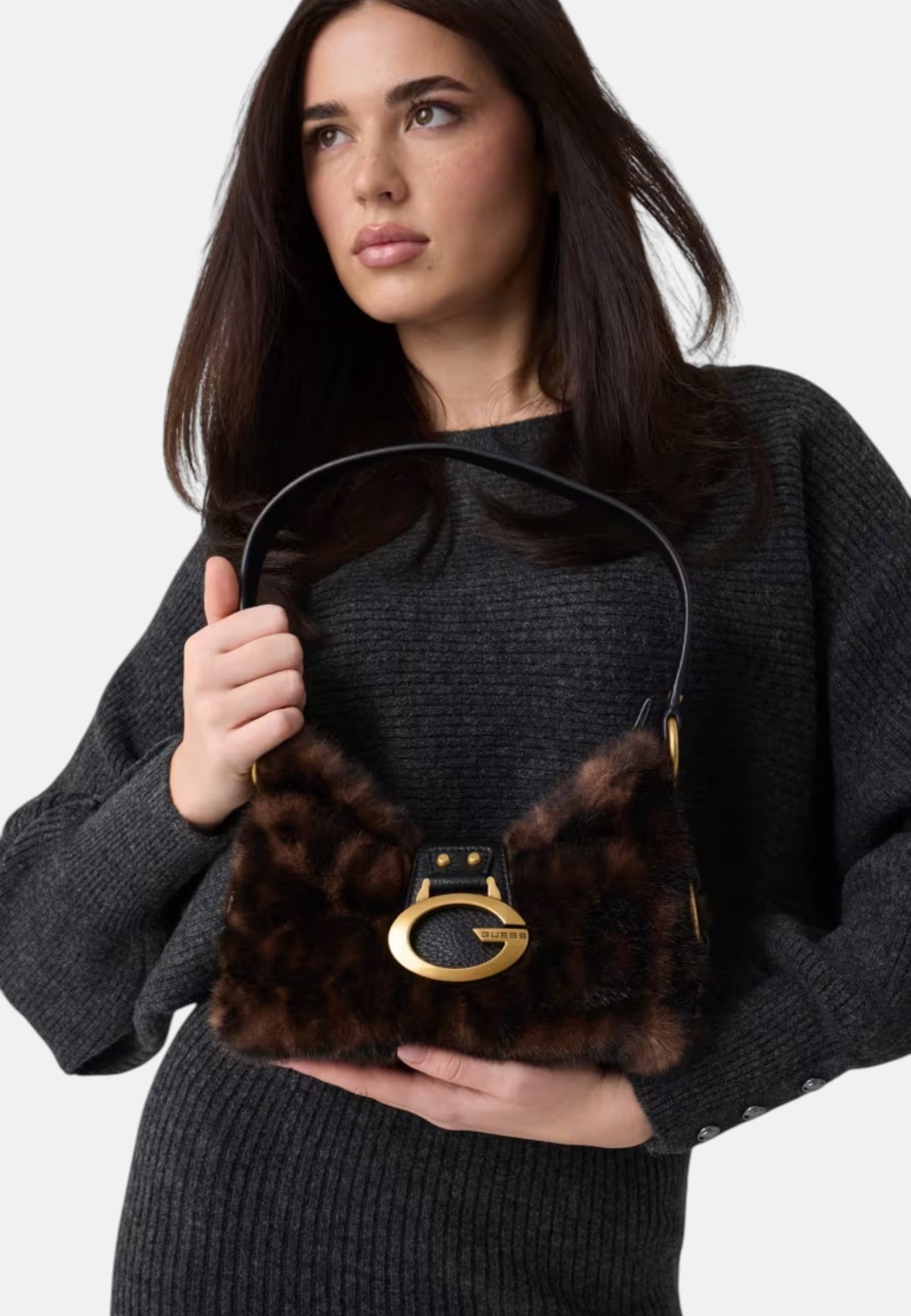 Borsa a spalla Camden Mini in pelliccia sintetica Donna Guess Leopard
