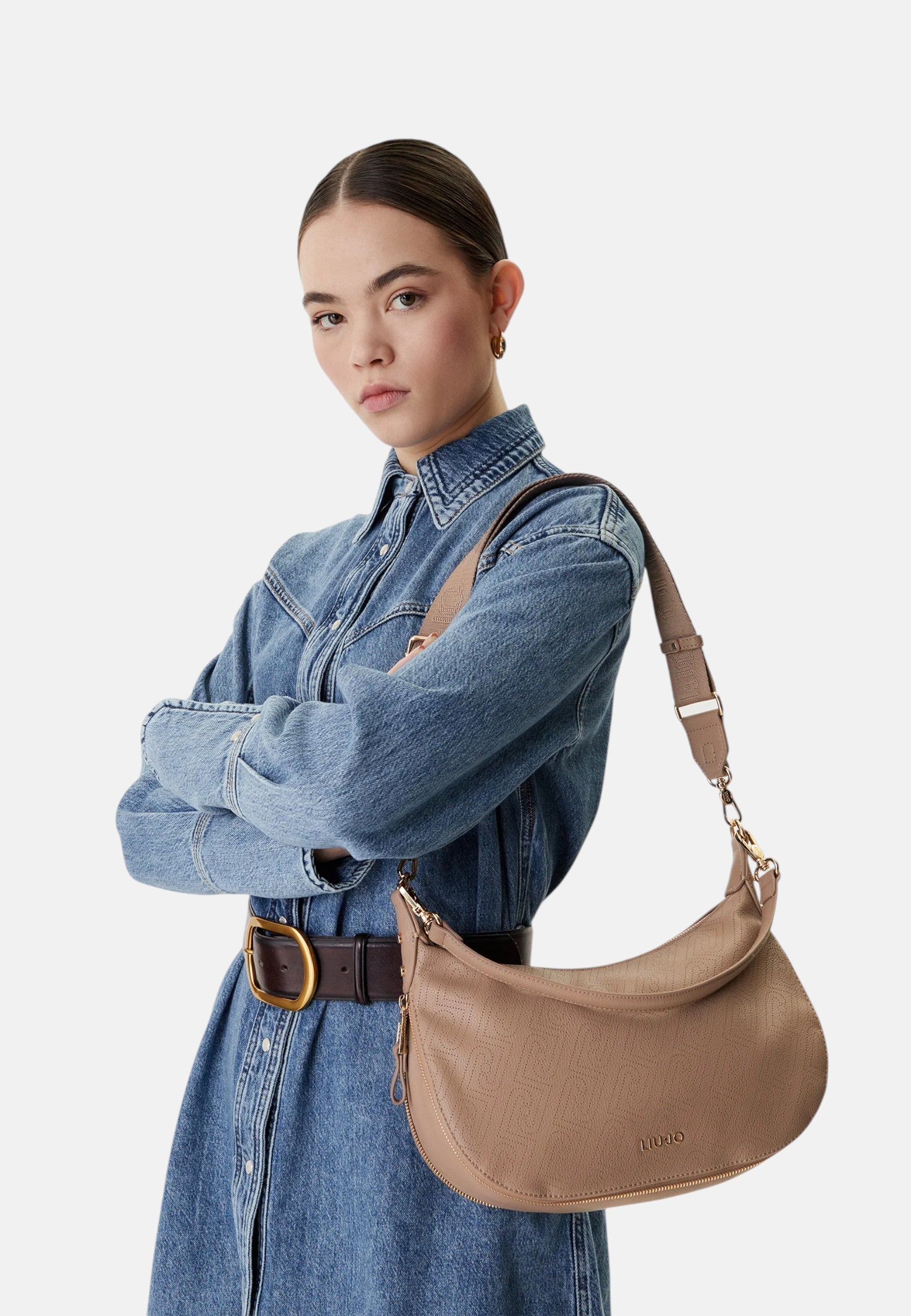 Borsa hobo media con logo monogram Cammello