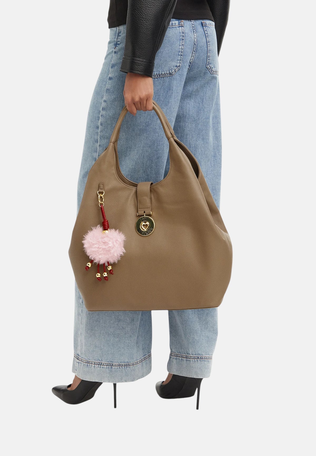 Borsa a spalla con Ciondolo decorativo Love Moschino Sabbia
