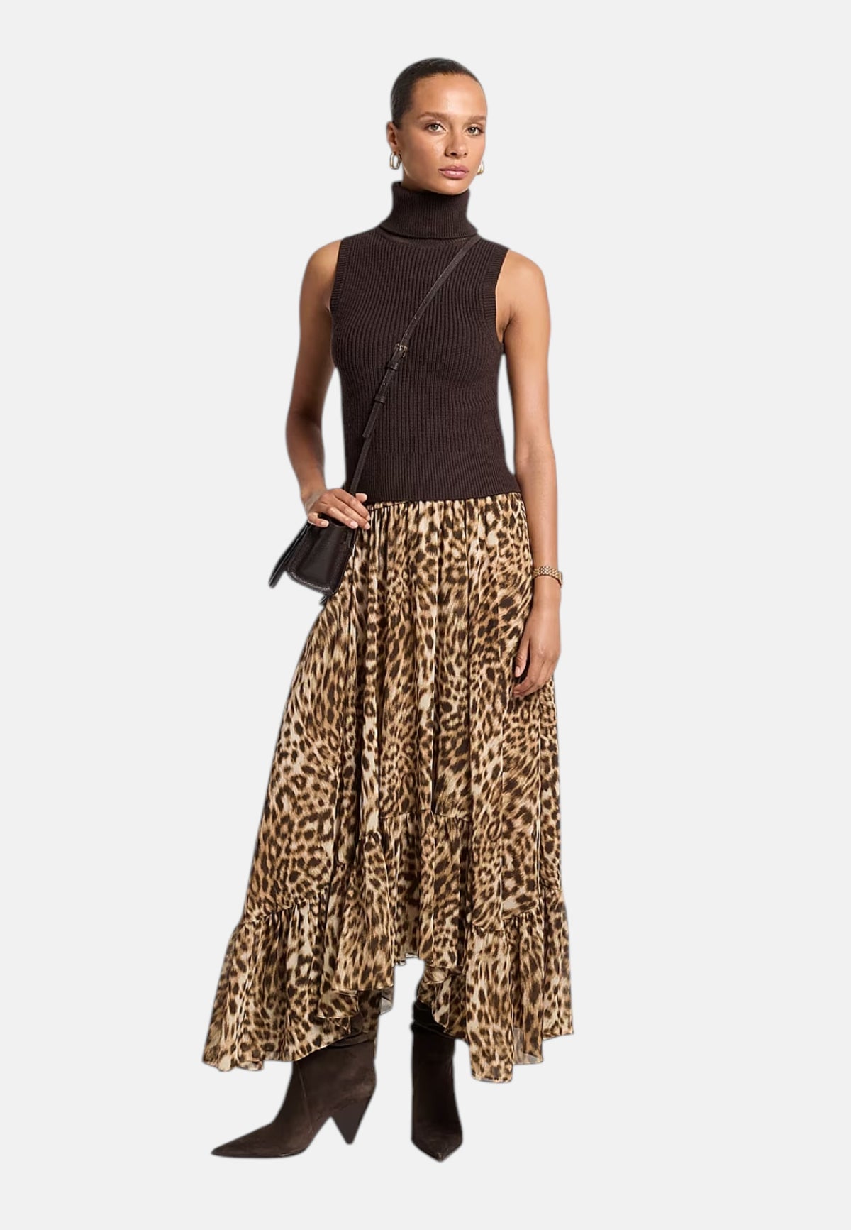 Gonna asimmetrica in georgette con stampa leopardata Donna Michael Kors Dark Camel
