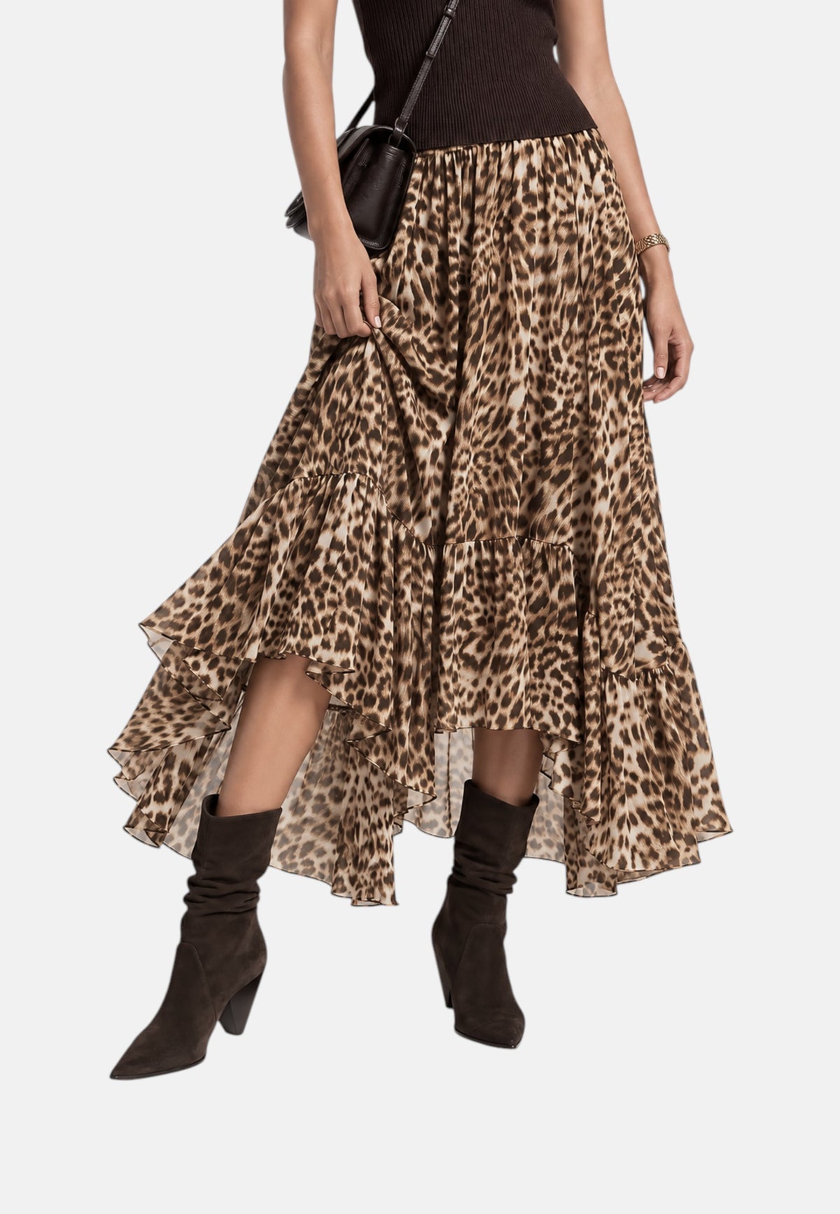 Gonna asimmetrica in georgette con stampa leopardata Donna Michael Kors Dark Camel