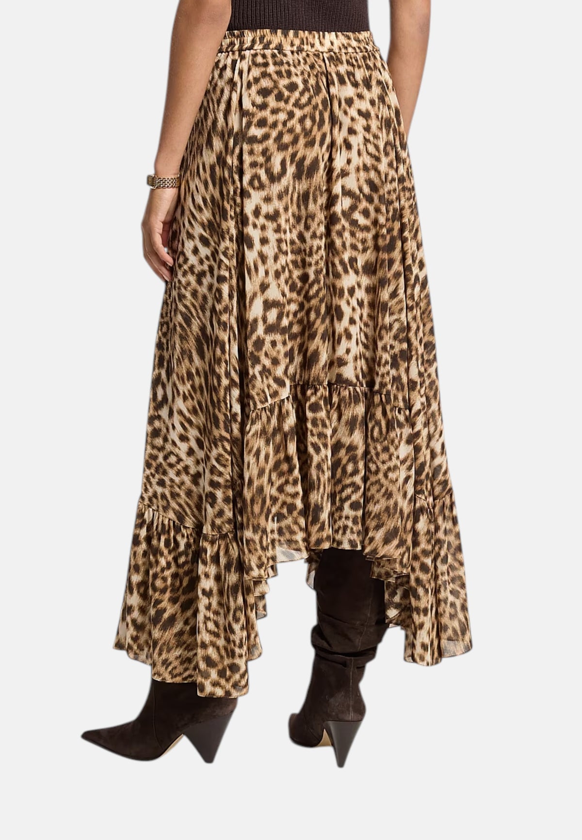 Gonna asimmetrica in georgette con stampa leopardata Donna Michael Kors Dark Camel