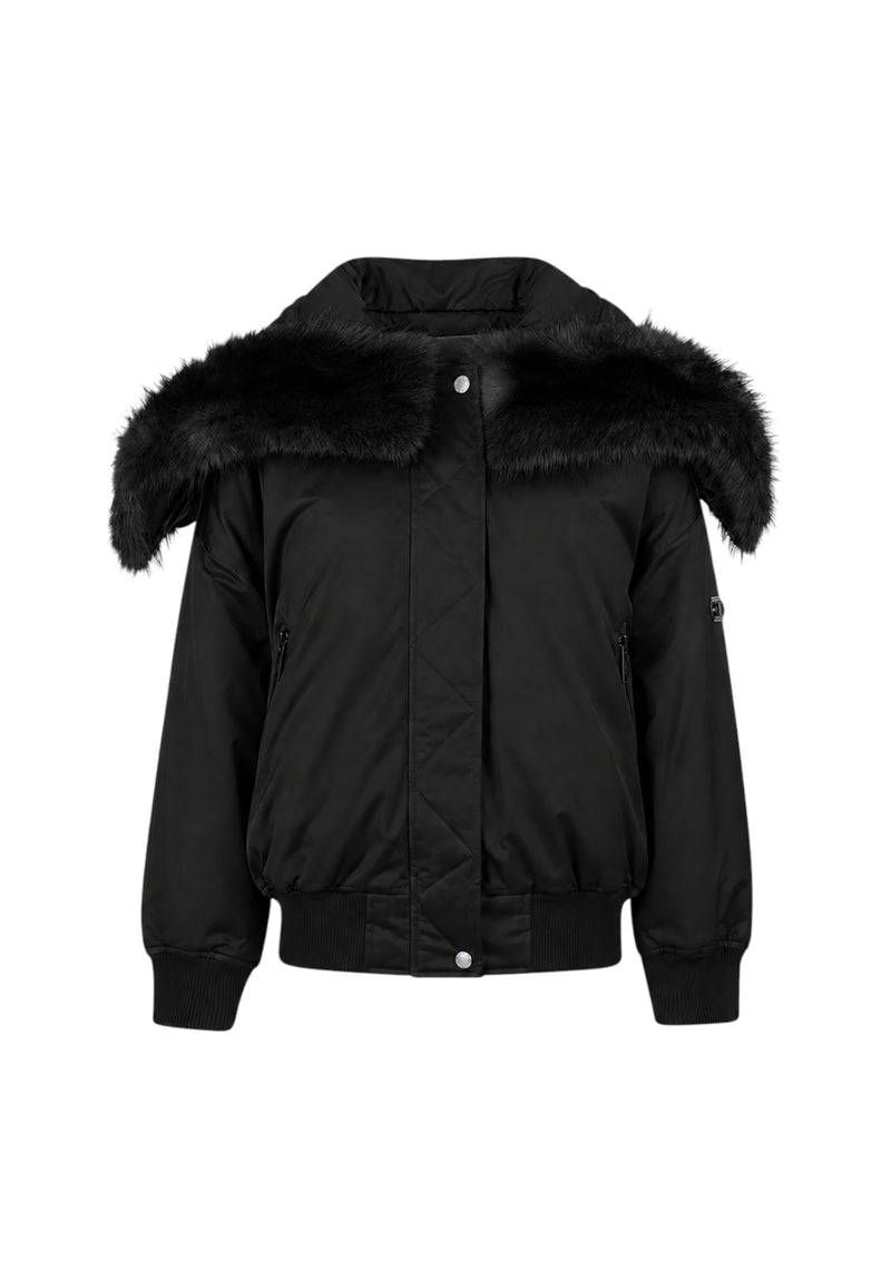 Bomber in raso ciré con cappuccio e bordo in pelliccia sintetica Michael Kors Black