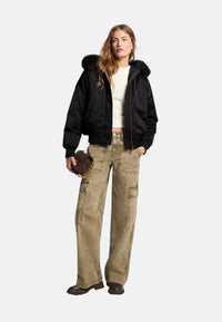 Bomber in raso ciré con cappuccio e bordo in pelliccia sintetica Michael Kors Black