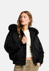Bomber in raso ciré con cappuccio e bordo in pelliccia sintetica Michael Kors Black